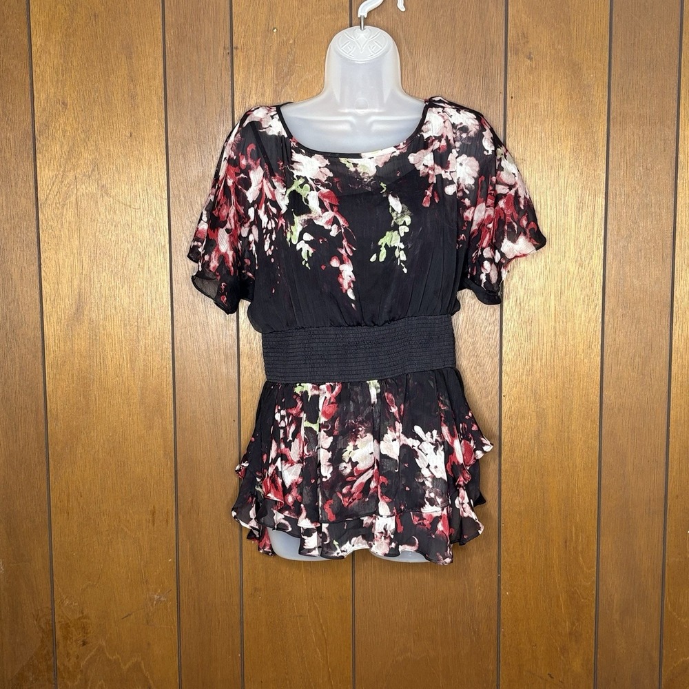 ECI New York Top Womens M Black Red Floral‎ Peplum Ruffle Fairy Boho Whimsigoth